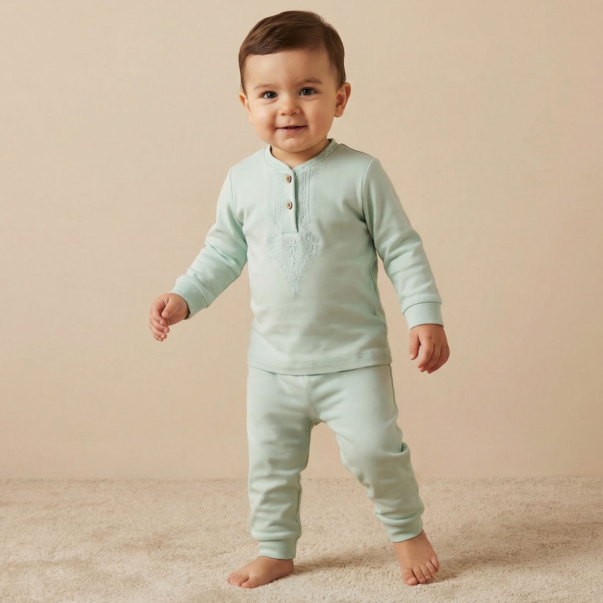 Giggles Cotton Henley Neck Long Sleeve Pyjama Set with Embroidery