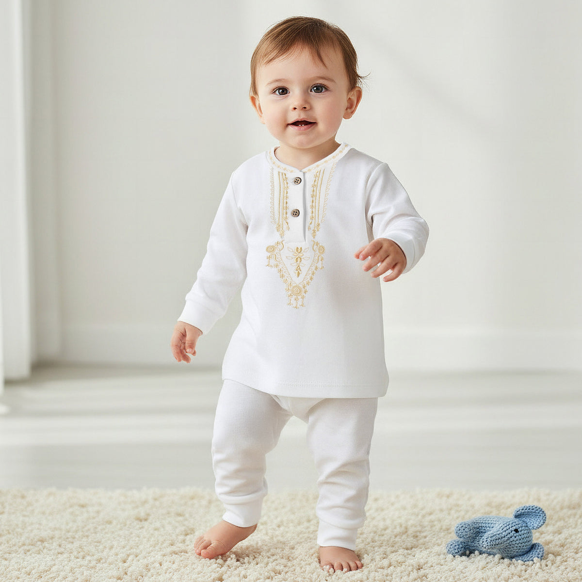 Giggles Cotton Henley Neck Long Sleeve Pyjama Set with Embroidery