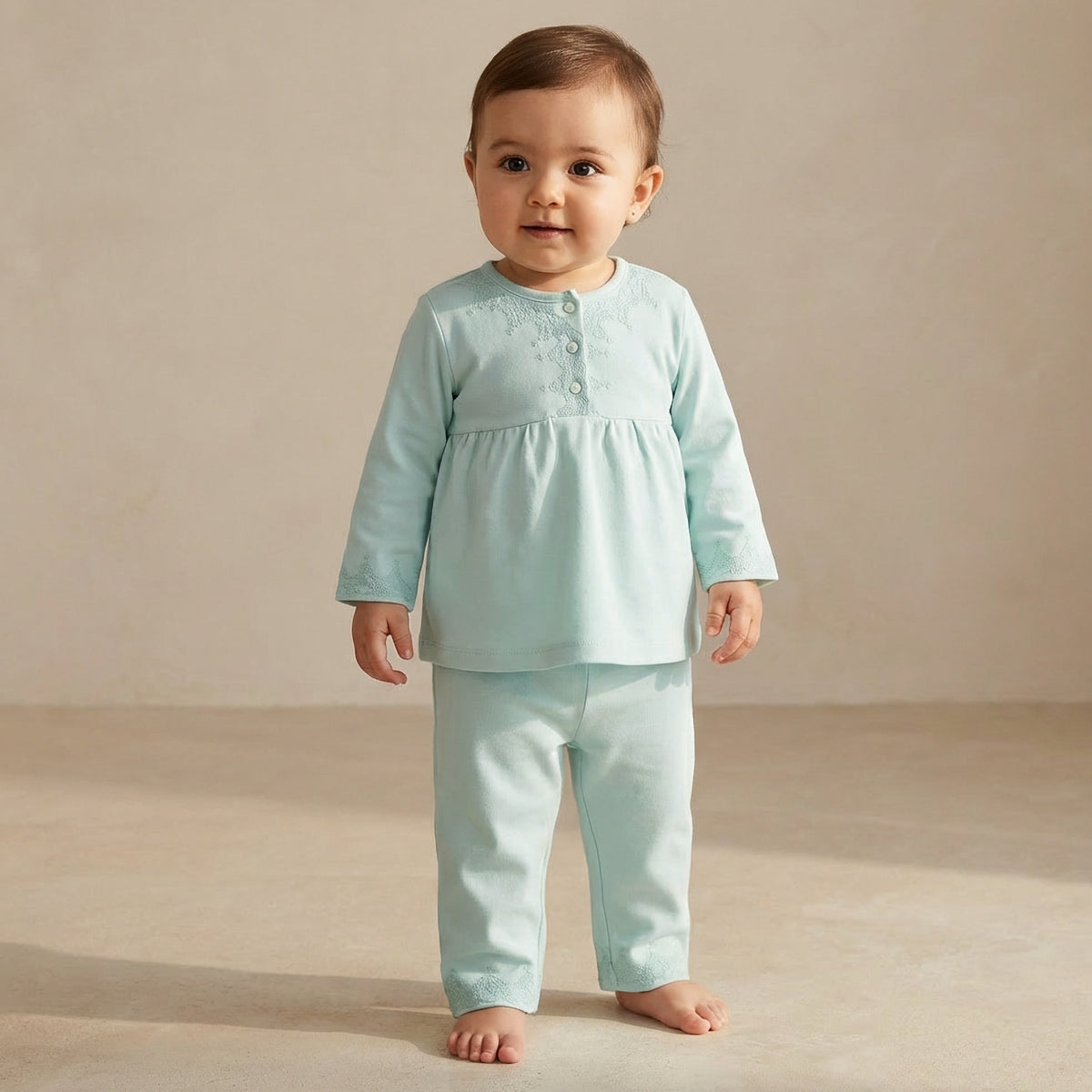 Giggles Cotton Henley Neck Long Sleeve Pyjama Set with Embroidery