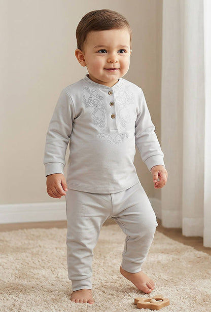 Giggles Cotton Mandarin Collar Long Sleeves Pyjama Set with Embroidery