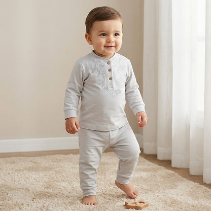 Giggles Cotton Mandarin Collar Long Sleeves Pyjama Set with Embroidery