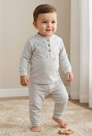 Giggles Cotton Mandarin Collar Long Sleeves Pyjama Set with Embroidery