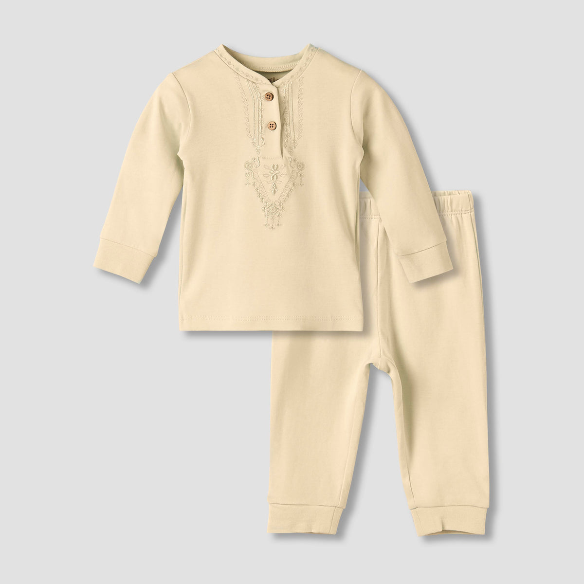 Giggles Cotton Mandarin Collar Long Sleeves Pyjama Set with Embroidery