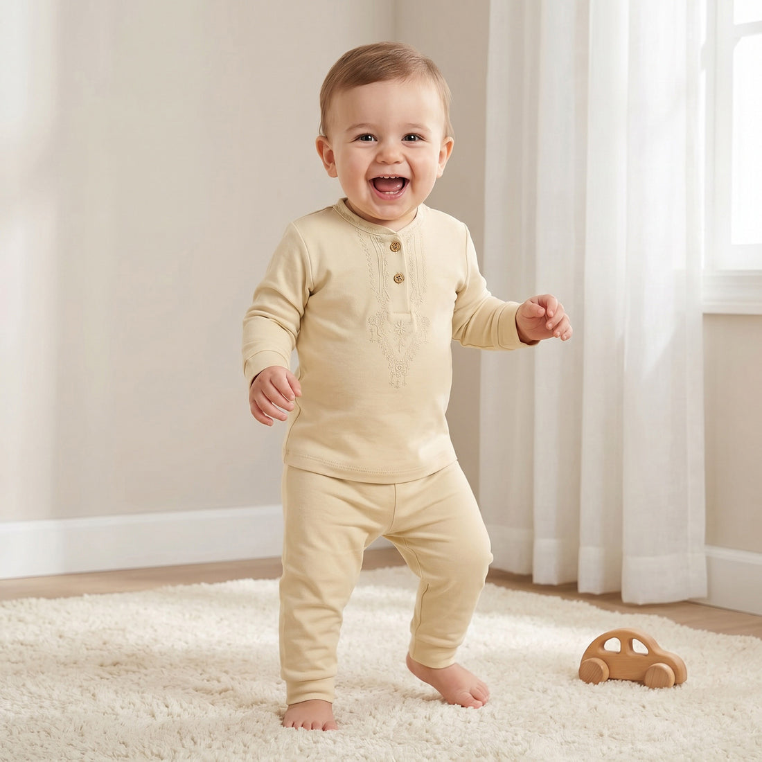 Giggles Cotton Mandarin Collar Long Sleeves Pyjama Set with Embroidery - Beige / 12-18 mths