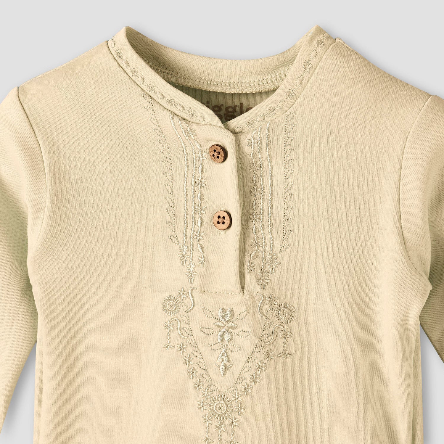 Giggles Cotton Mandarin Collar Long Sleeves Pyjama Set with Embroidery