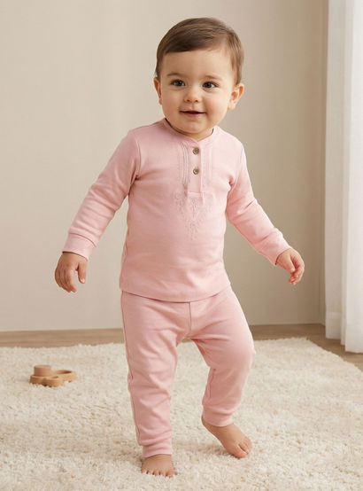 Giggles Cotton Mandarin Collar Long Sleeves Pyjama Set with Embroidery-baby-girls-clothing-nightwear-pyjamasets-image-1