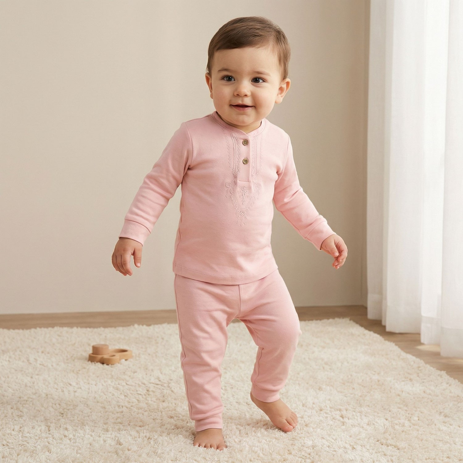 Giggles Cotton Mandarin Collar Long Sleeves Pyjama Set with Embroidery - Pink / 12-18 mths