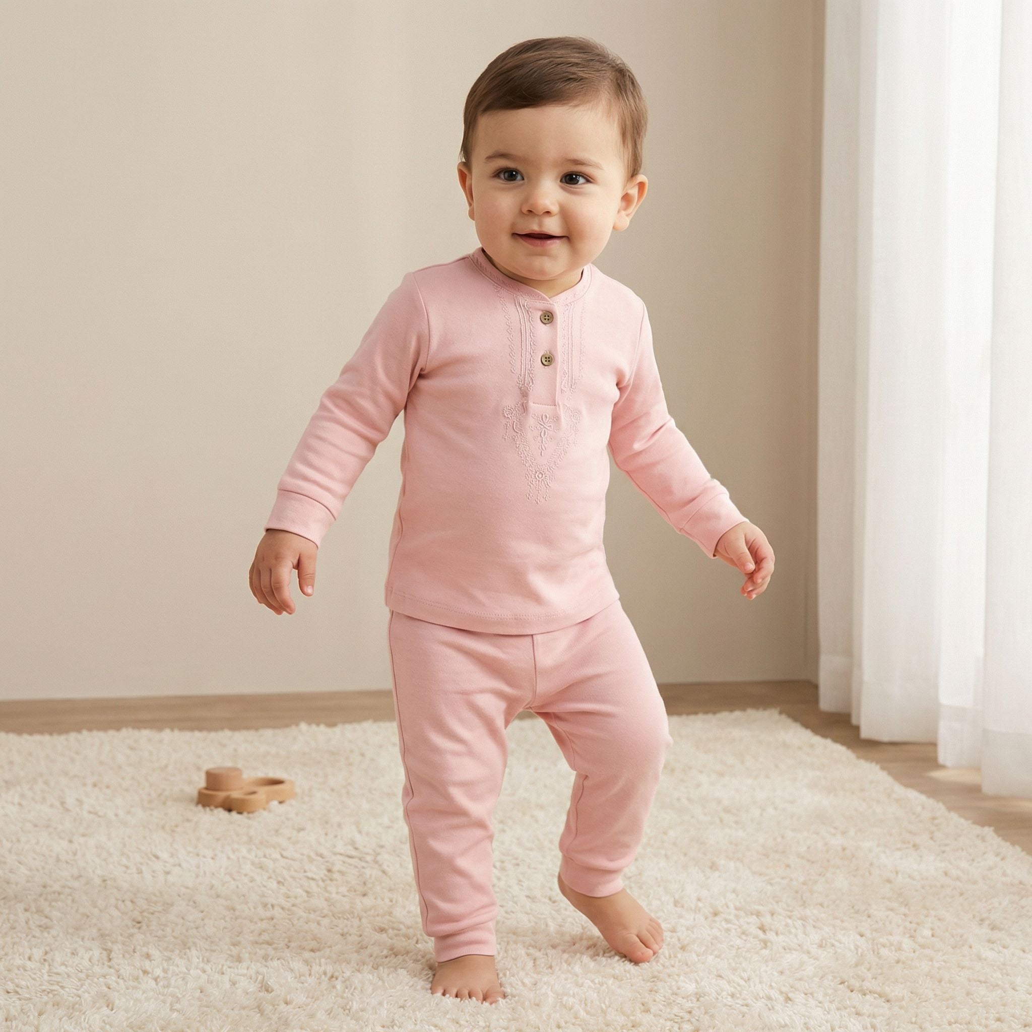 Giggles Cotton Mandarin Collar Long Sleeves Pyjama Set with Embroidery - Pink / 12-18 mths