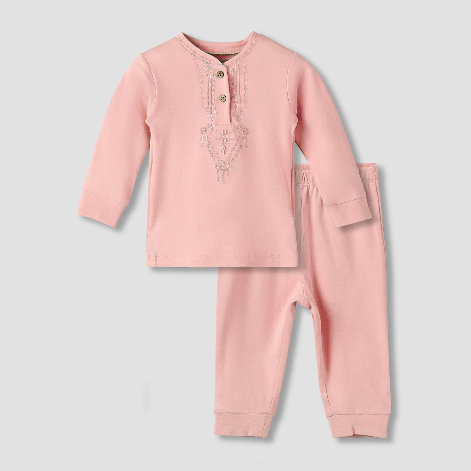 Giggles Cotton Mandarin Collar Long Sleeves Pyjama Set with Embroidery