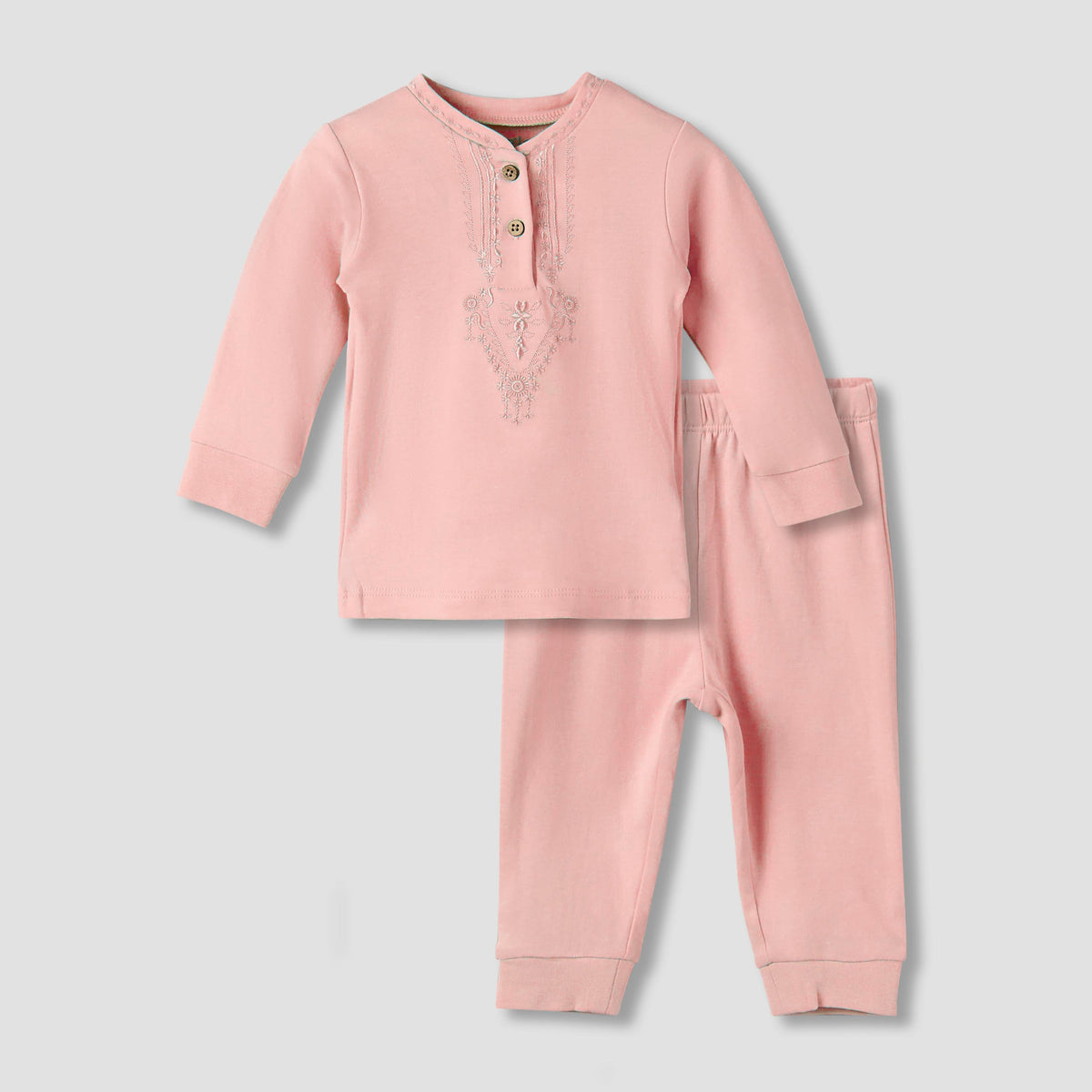 Giggles Cotton Mandarin Collar Long Sleeves Pyjama Set with Embroidery
