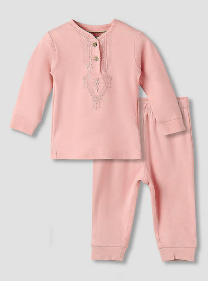 Giggles Cotton Mandarin Collar Long Sleeves Pyjama Set with Embroidery-baby-girls-clothing-nightwear-pyjamasets-image-2