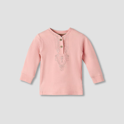 Giggles Cotton Mandarin Collar Long Sleeves Pyjama Set with Embroidery