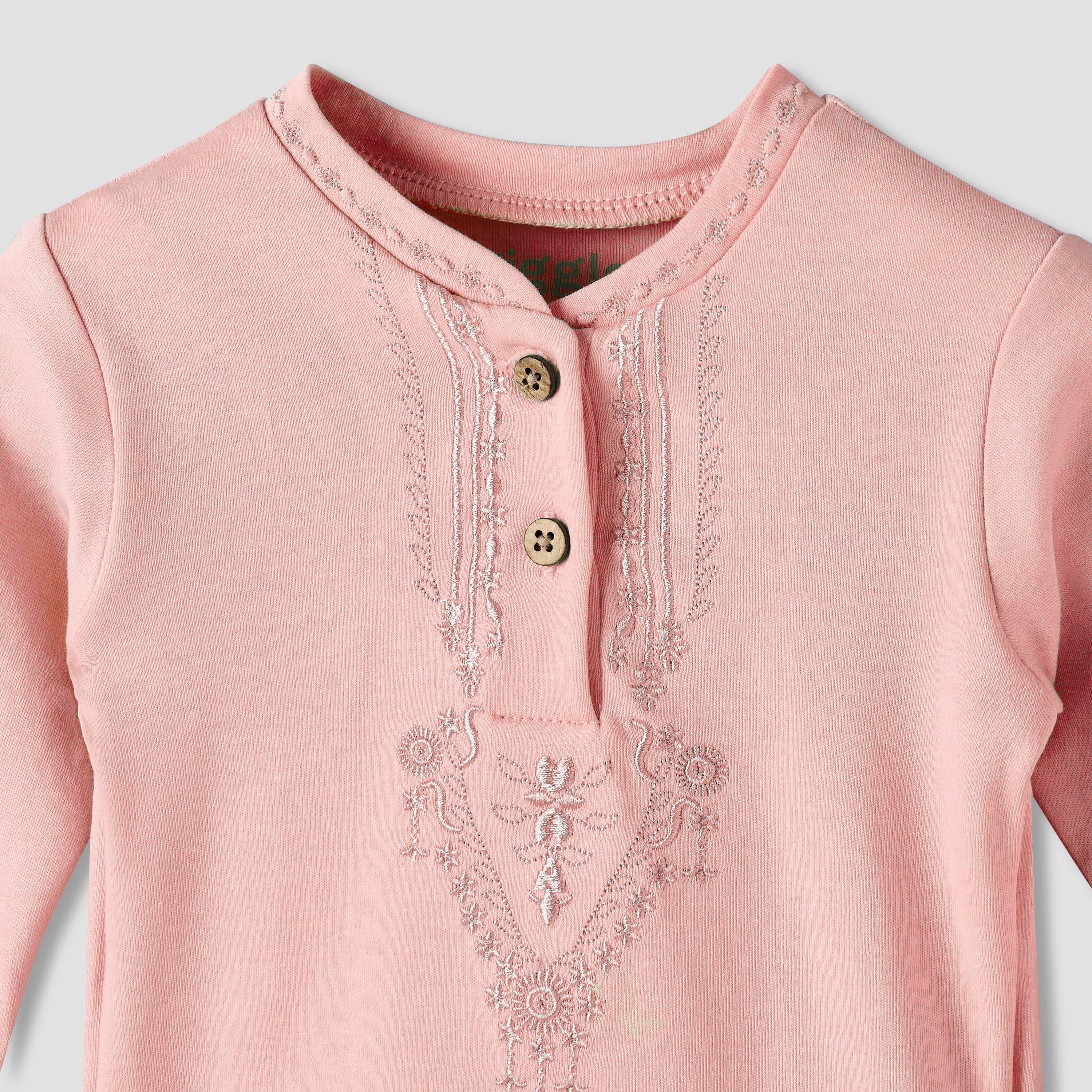 Giggles Cotton Mandarin Collar Long Sleeves Pyjama Set with Embroidery