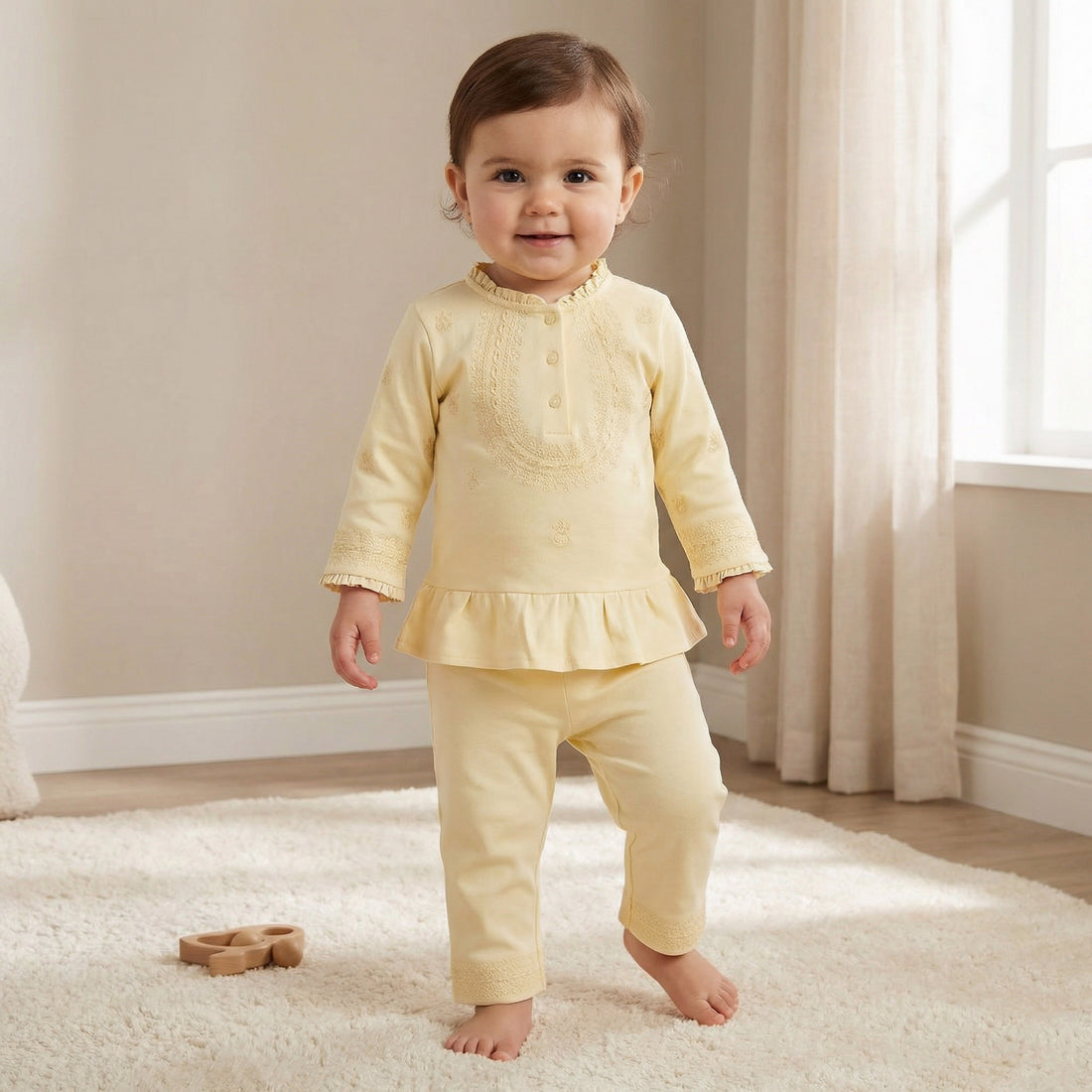 Giggles Cotton Pie Crust Neck Long Sleeves Pyjama Set with Embroidery - Yellow / 12-18 mths