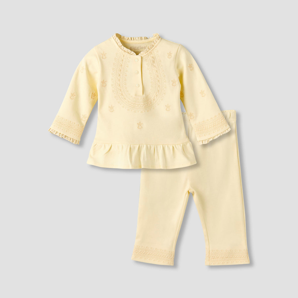 Giggles Cotton Pie Crust Neck Long Sleeves Pyjama Set with Embroidery