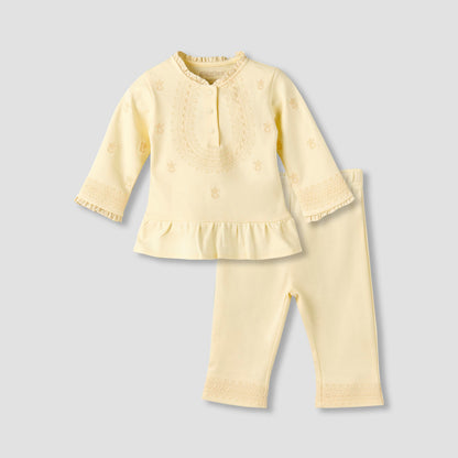 Giggles Cotton Pie Crust Neck Long Sleeves Pyjama Set with Embroidery