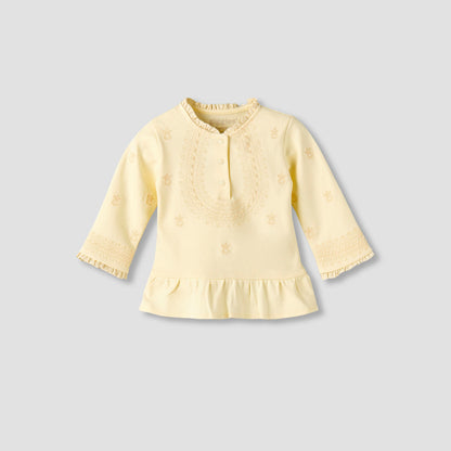 Giggles Cotton Pie Crust Neck Long Sleeves Pyjama Set with Embroidery