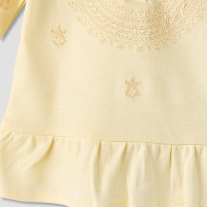 Giggles Cotton Pie Crust Neck Long Sleeves Pyjama Set with Embroidery