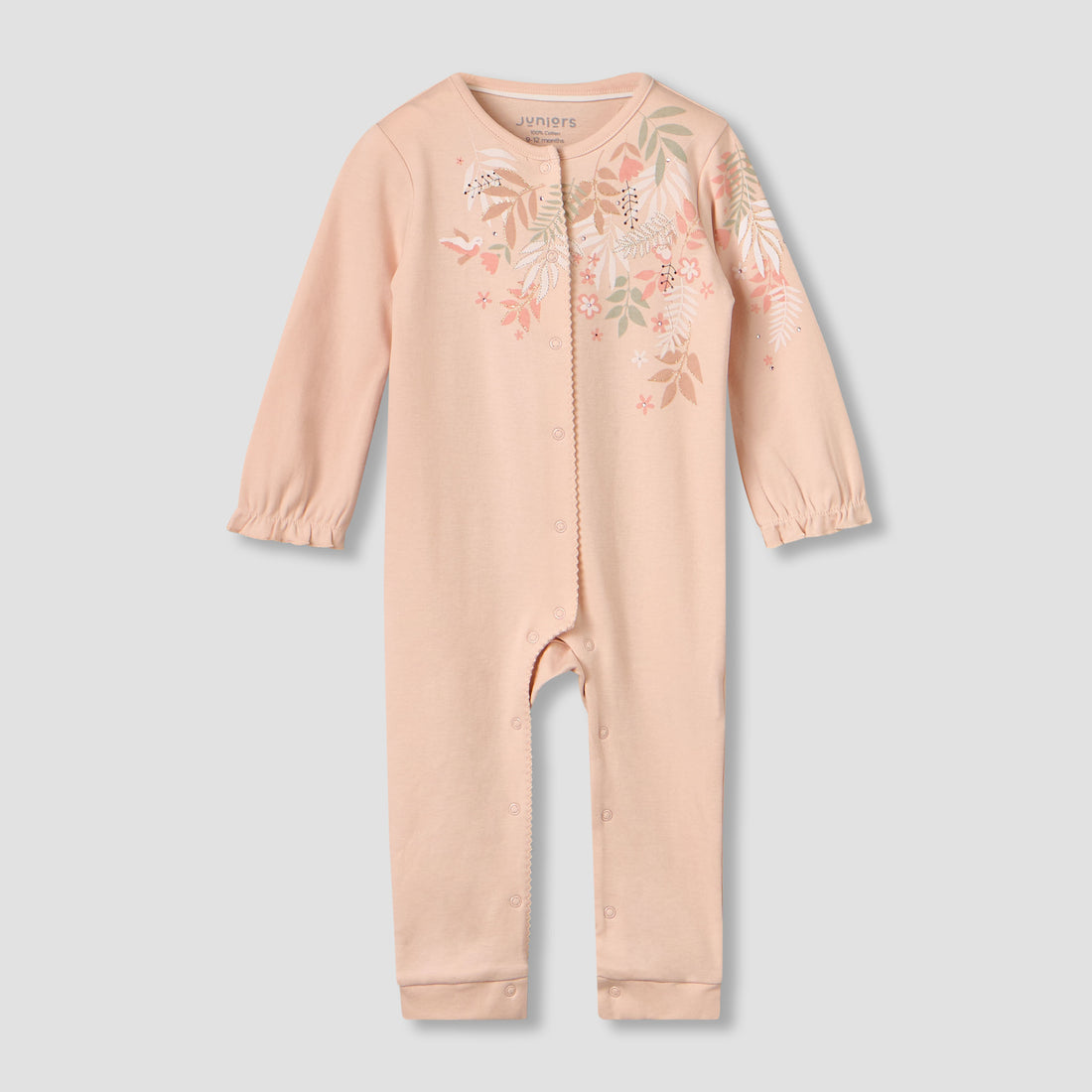 Juniors Cotton Crew Neck Long Sleeve Sleepsuit with Snap Button Closure - Peach / 12-18 mths