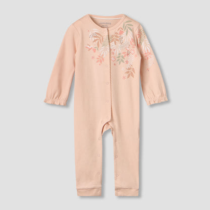 Juniors Cotton Crew Neck Long Sleeve Sleepsuit with Snap Button Closure - Peach / 12-18 mths