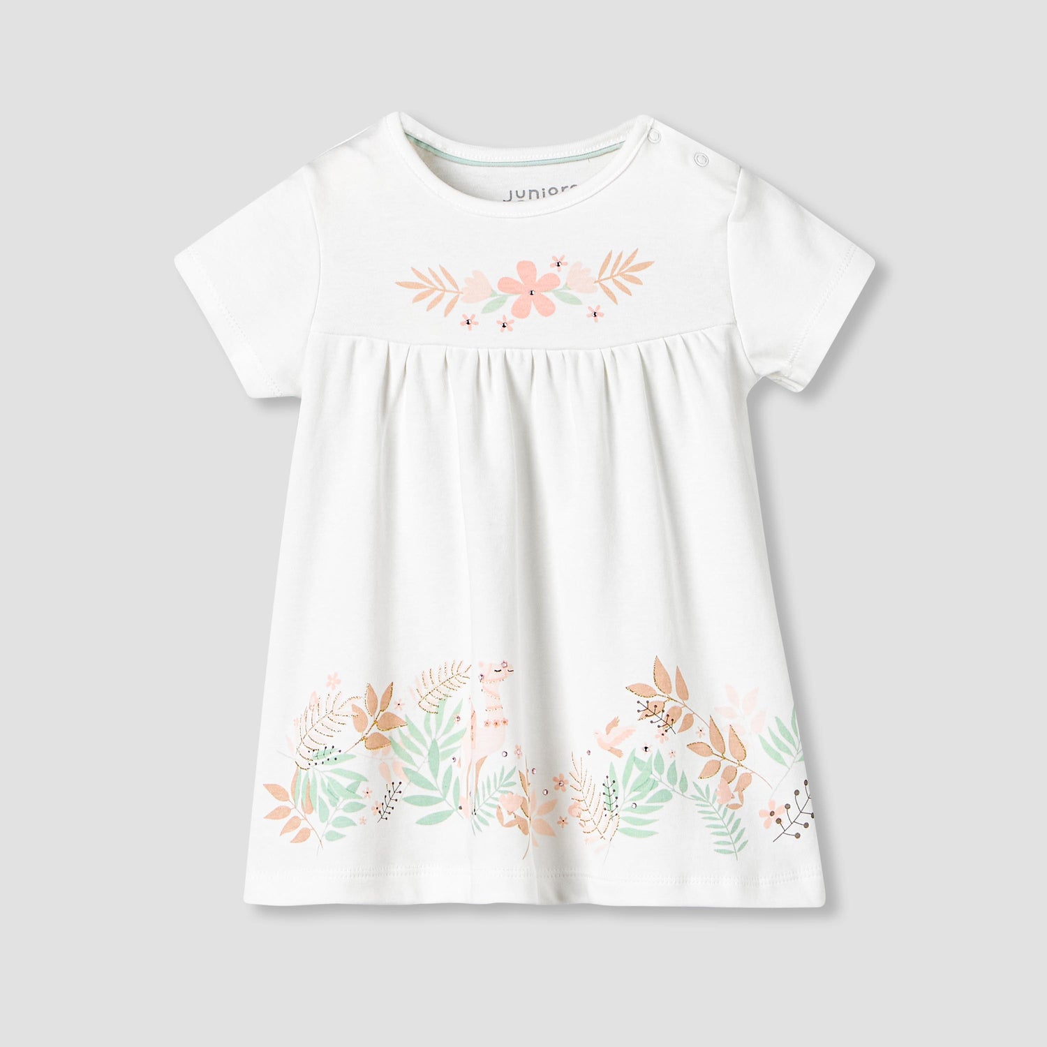 Juniors Round Neck Short Sleeve Dress with Snap Button Closure - White / 12-18 mths