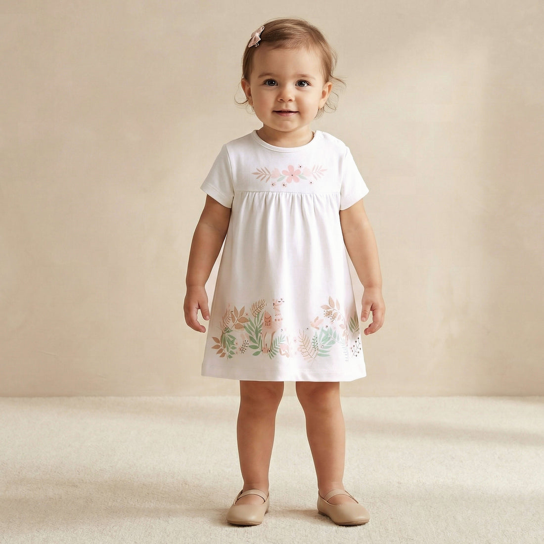 Juniors Round Neck Short Sleeve Dress with Snap Button Closure - White / 12-18 mths