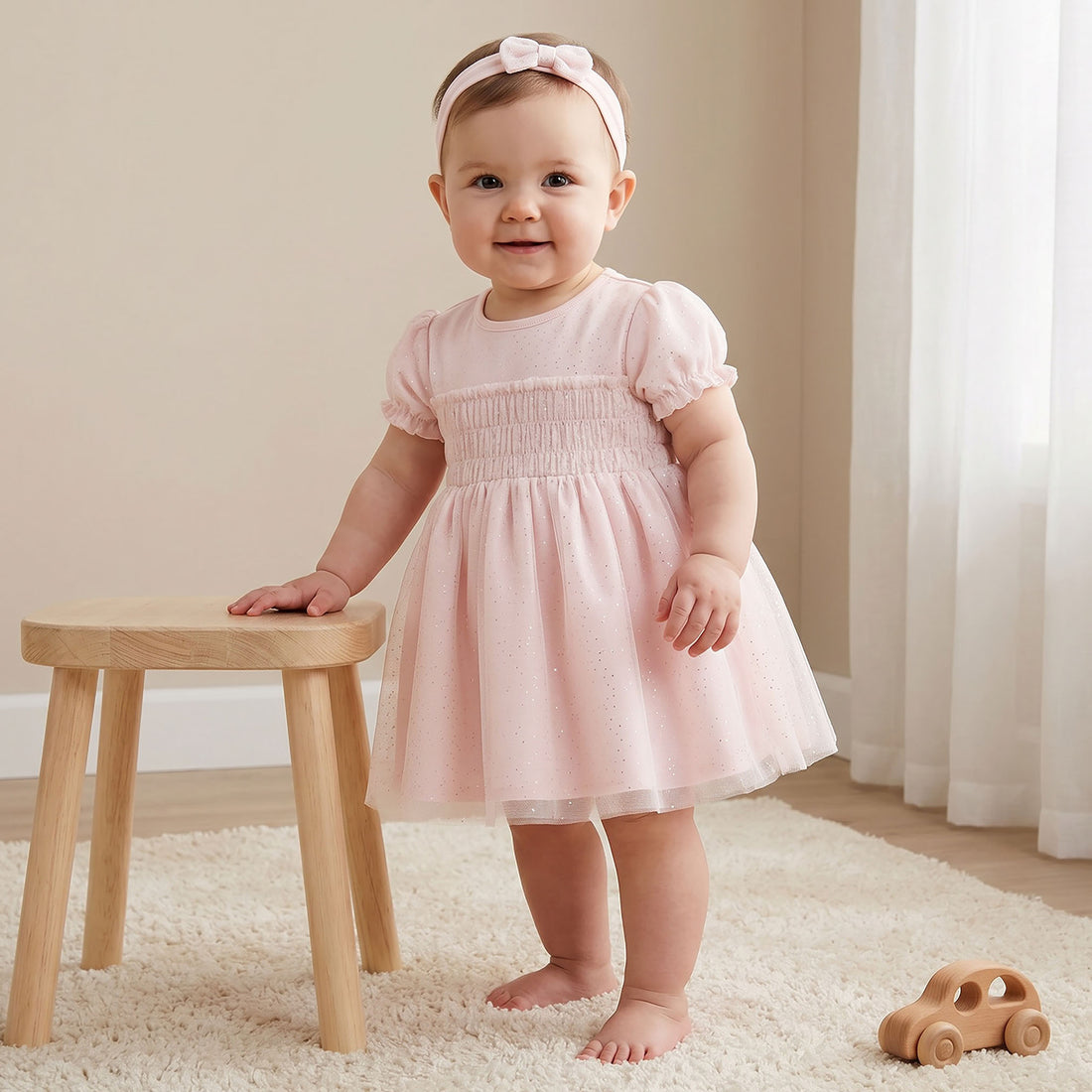 Giggles Round Neck Short Sleeve Dress with Hairband - Pink / 12-18 mths