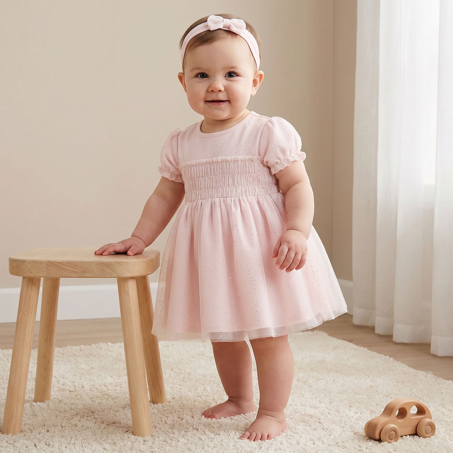 Giggles Round Neck Short Sleeve Dress with Hairband - Pink / 12-18 mths
