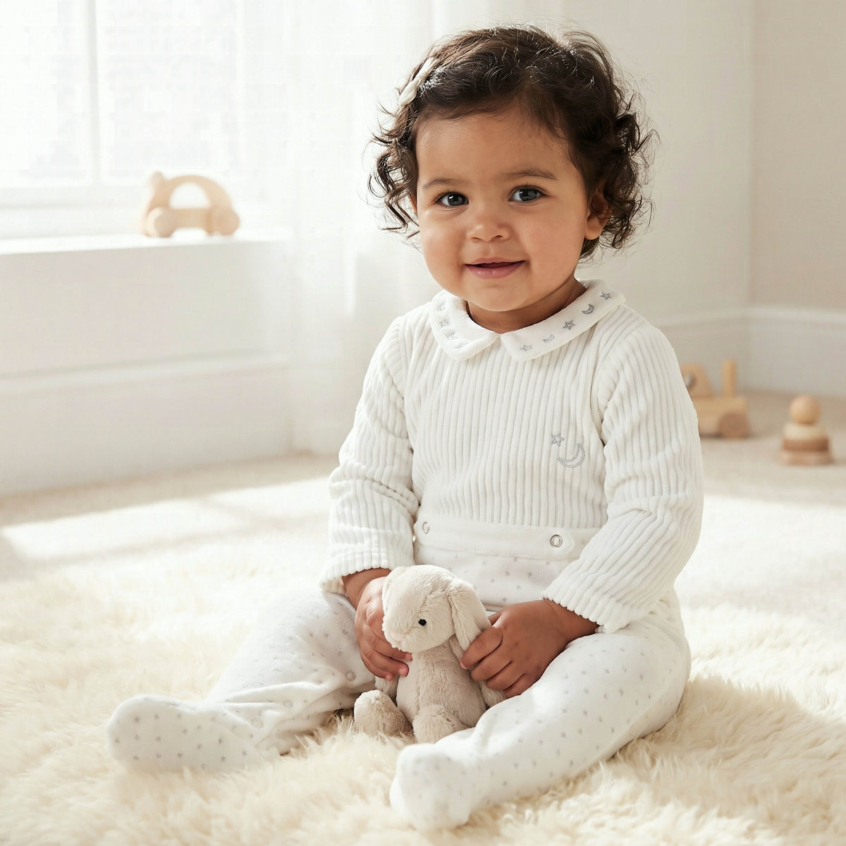 Giggles Peter Pan Collar Long Sleeves Sleepsuit with Star and Moon Embroidery