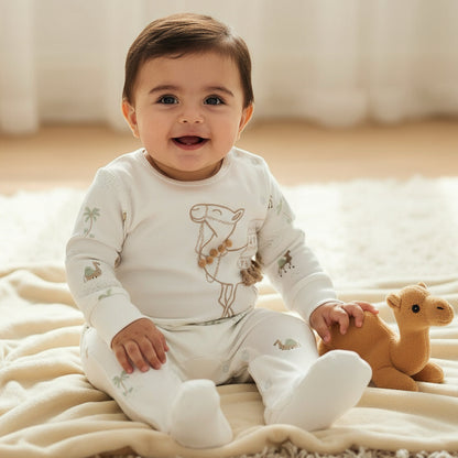 Juniors Cotton Round Neck Long Sleeves Sleepsuit with Camel Print - White / 9-12 mths