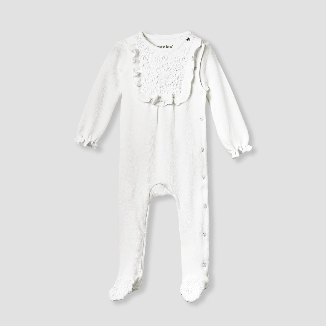 Giggles Lace Accent Closed Feet Sleepsuit with Long Sleeves - White / 9-12 mths