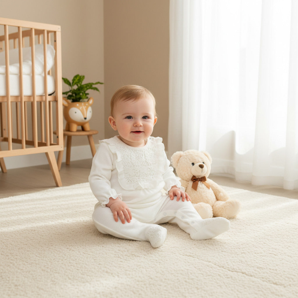 Giggles Lace Accent Closed Feet Sleepsuit with Long Sleeves