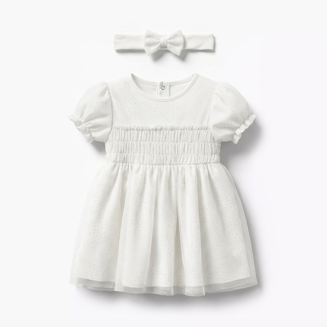 Giggles Round Neck Short Sleeves A-line Dress with Headband - White / 12-18 mths
