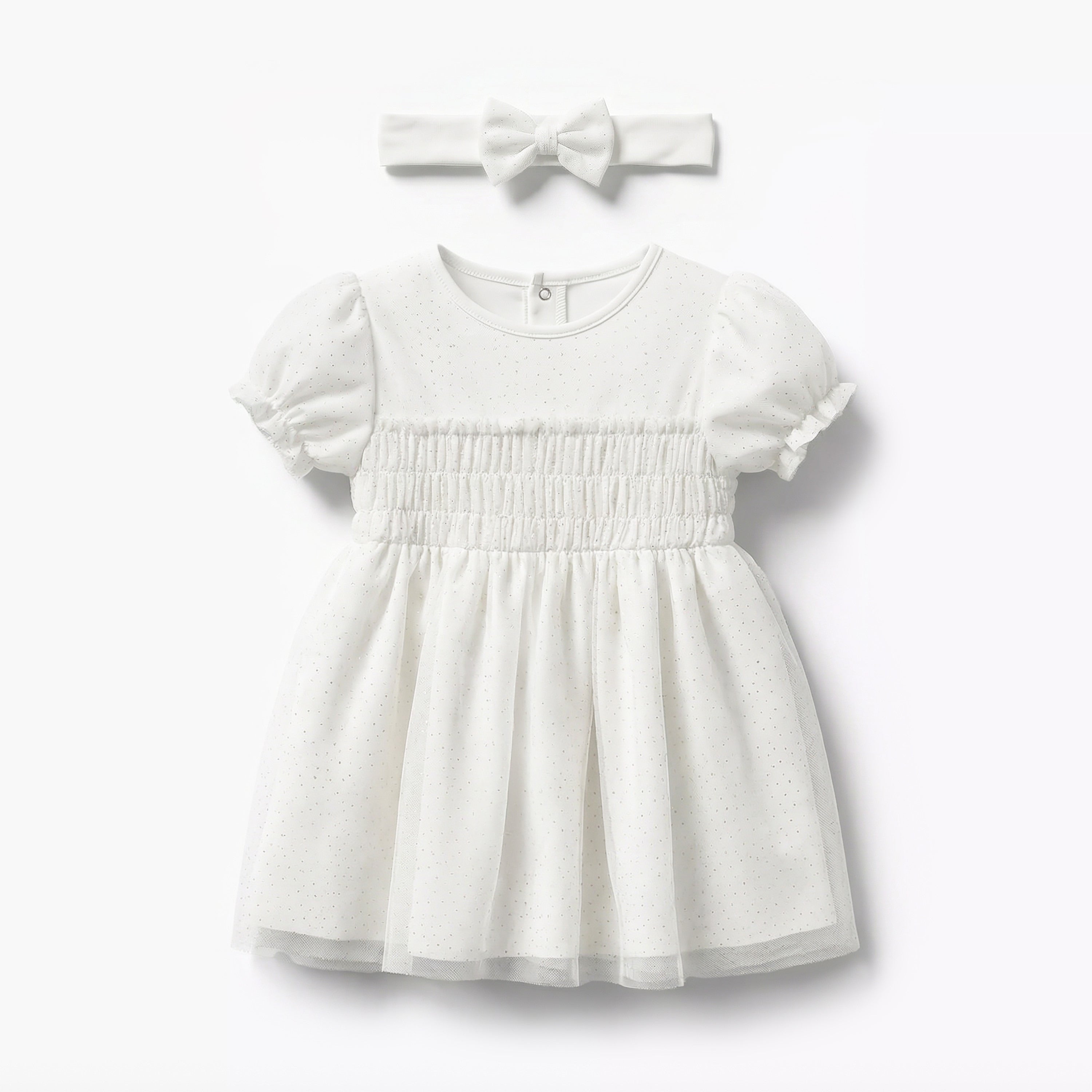 Giggles Round Neck Short Sleeves A-line Dress with Headband - White / 12-18 mths