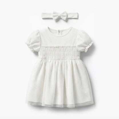 Giggles Round Neck Short Sleeves A-line Dress with Headband - White / 12-18 mths