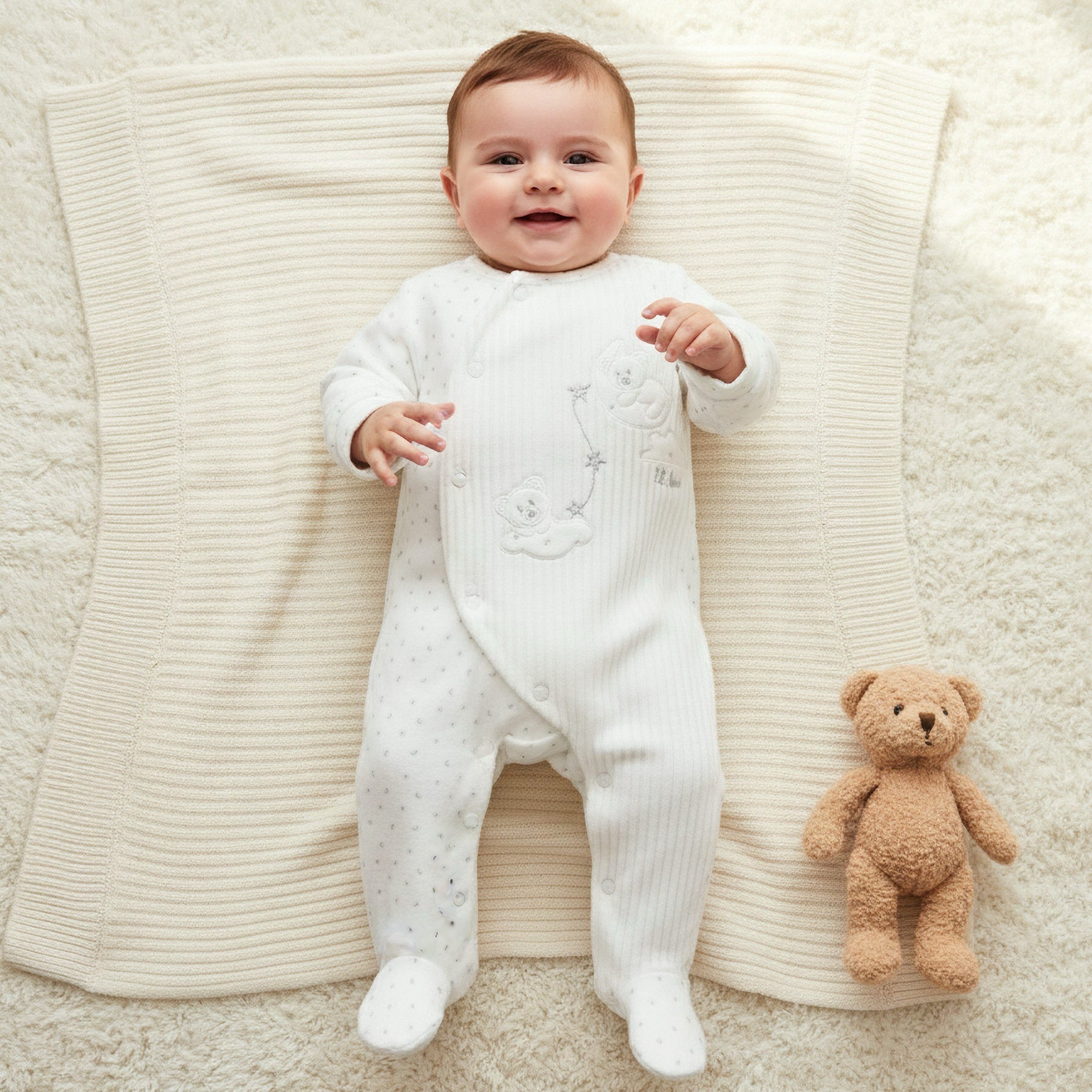 Giggles Long Sleeves Sleepsuit with Bear Applique - White / 9-12 mths