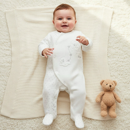 Giggles Long Sleeves Sleepsuit with Bear Applique - White / 9-12 mths