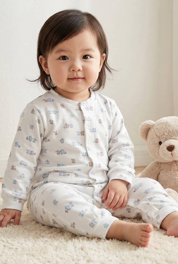 Juniors Cotton Crew Neck Long Sleeves Sleepsuit with Bear Applique