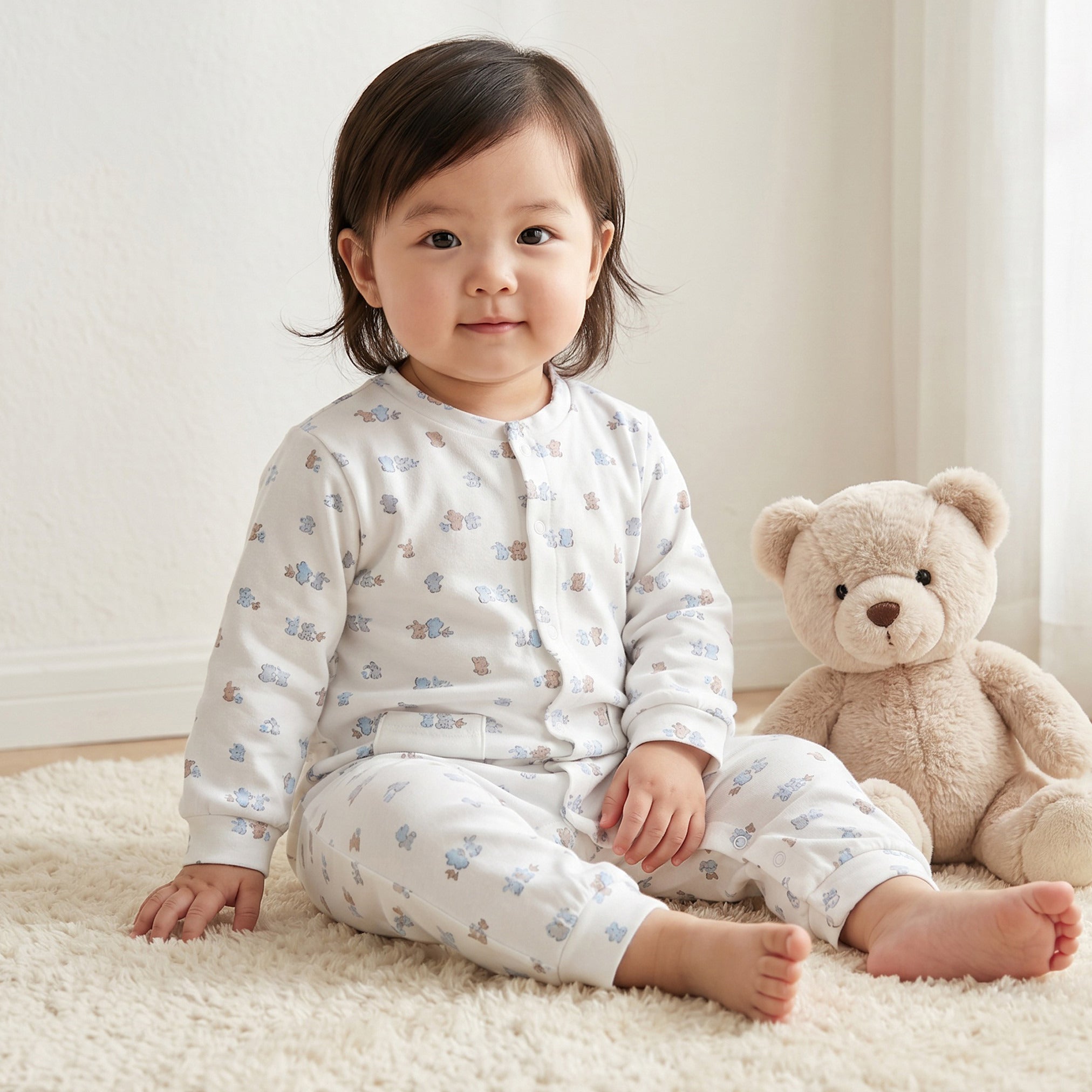 Juniors Cotton Crew Neck Long Sleeves Sleepsuit with Bear Applique - White / 12-18 mths