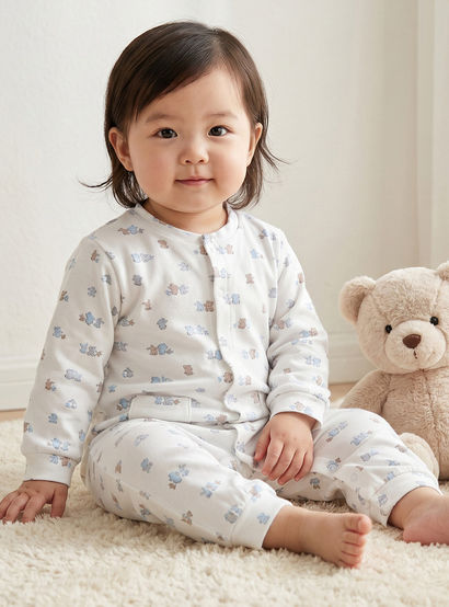 Juniors Cotton Crew Neck Long Sleeves Sleepsuit with Bear Applique-baby-boys-clothing-nightwear-sleepsuits-image-1