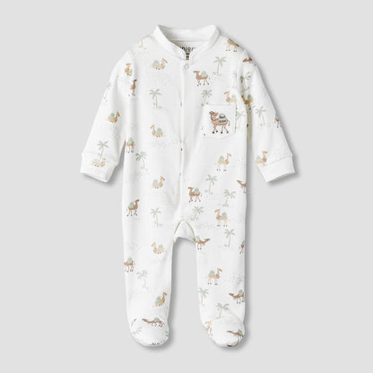 Juniors Cotton Mandarin Collar Long Sleeves Sleepsuit with Camel Print