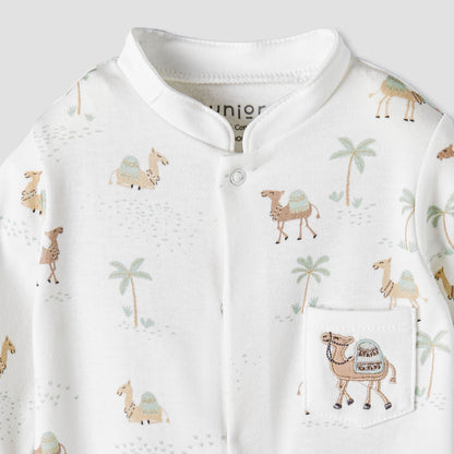 Juniors Cotton Mandarin Collar Long Sleeves Sleepsuit with Camel Print