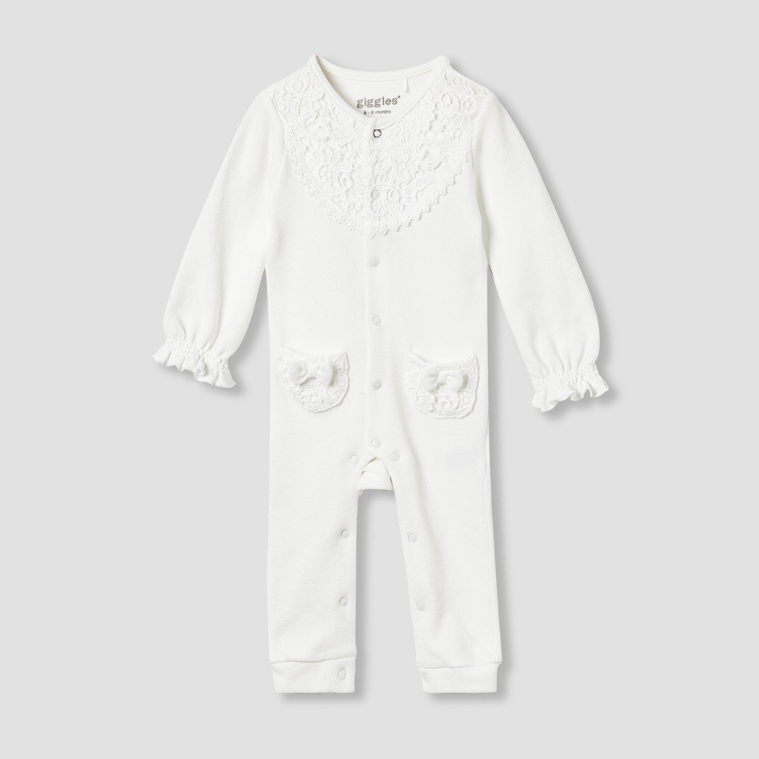 Giggles Lace Panel Sleepsuit with Long Sleeves - White / 12-18 mths