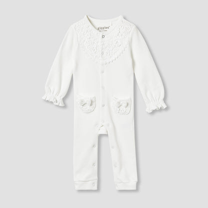 Giggles Lace Panel Sleepsuit with Long Sleeves - White / 12-18 mths