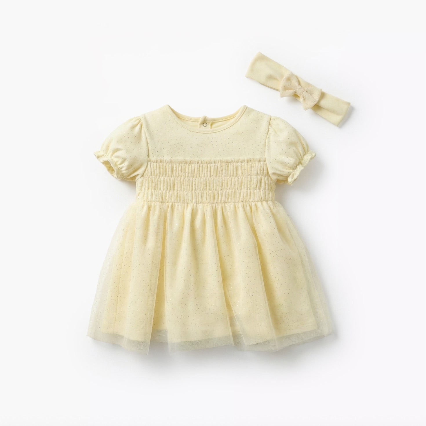 Giggles Round Neck Short Sleeve Dress with Hairband - Yellow / 12-18 mths