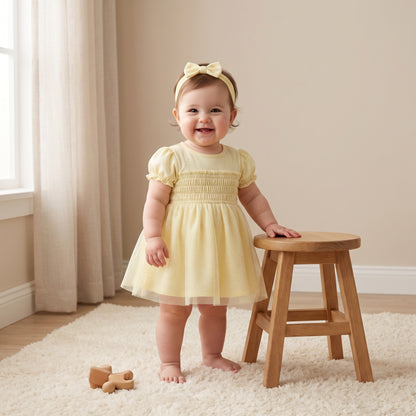 Giggles Round Neck Short Sleeve Dress with Hairband - Yellow / 12-18 mths