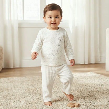 Giggles Long Sleeves Pyjama Set with Bear Applique - White / 9-12 mths