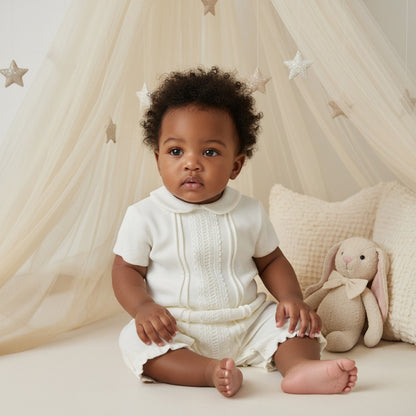 Giggles Lace Trim Collared Romper with Short Sleeves