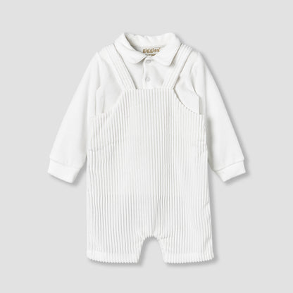 Giggles Collared Long Sleeves T-shirt and Dungaree Set with Applique Design - White / 9-12 mths