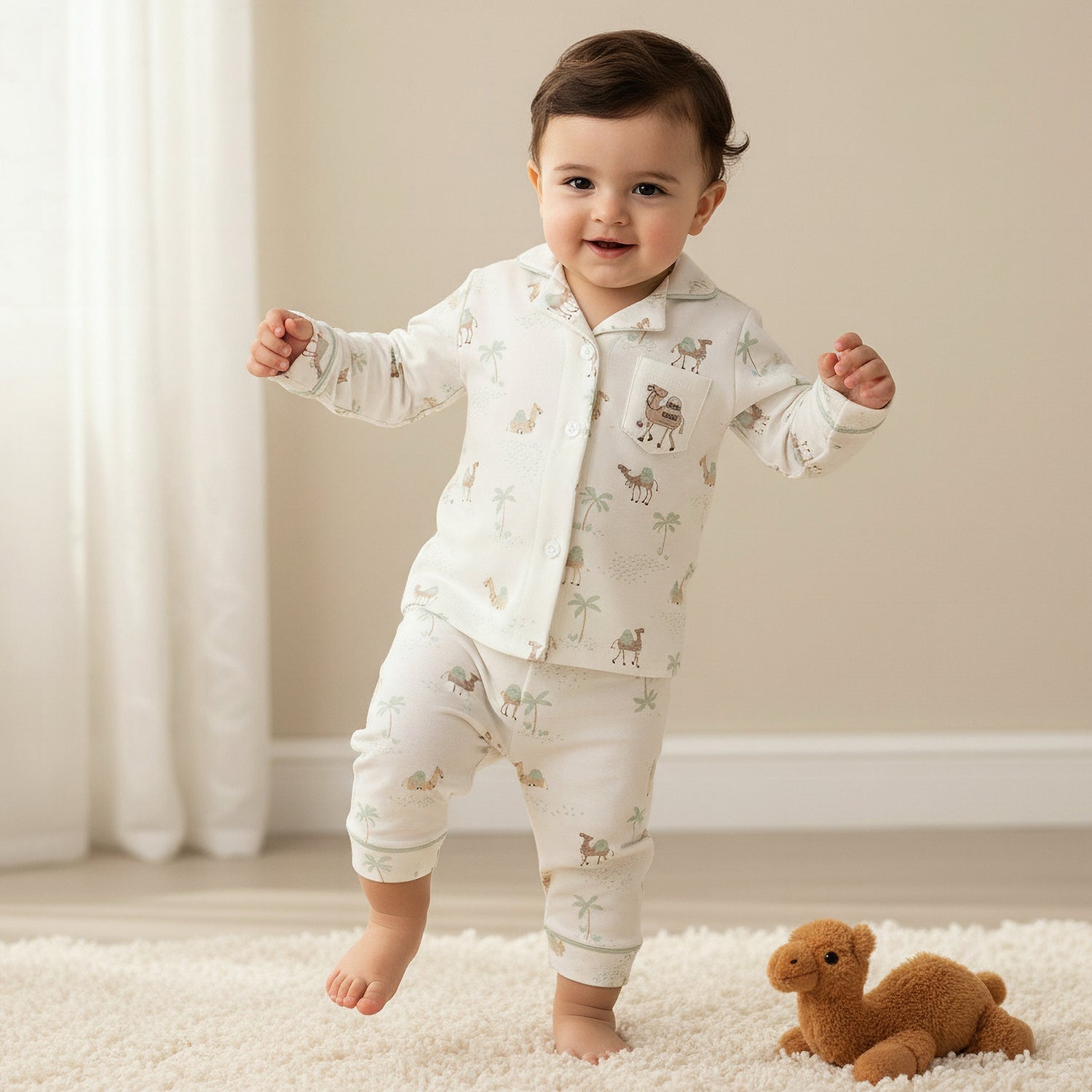 Juniors Cotton Collared Neck Long Sleeve Pyjama Set with Camel Print - White / 12-18 mths
